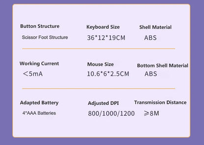 Fashion Keyboard and Mouse Set Wireless PC Gamer Keyboards and Mouse Kit Ultra Thin Office Ergonomic Gaming Keypad Mice Purple