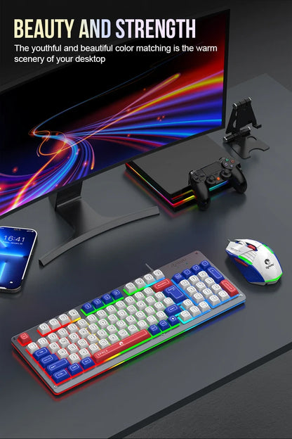 Mecha Style Gaming Wired Keyboard Mouse Set Rainbow Glow Backlit 98 Keys Metal Panel Laptop Desktop