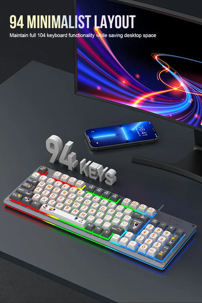 Mecha Style Gaming Wired Keyboard Mouse Set Rainbow Glow Backlit 98 Keys Metal Panel Laptop Desktop