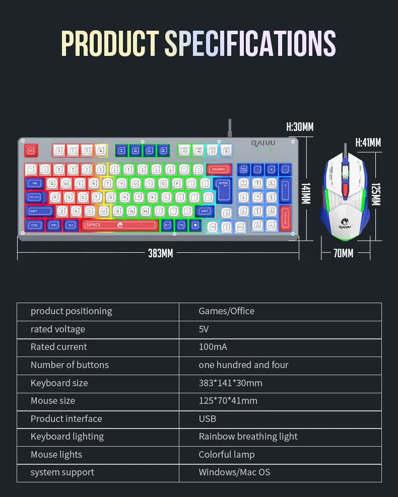 Mecha Style Gaming Wired Keyboard Mouse Set Rainbow Glow Backlit 98 Keys Metal Panel Laptop Desktop