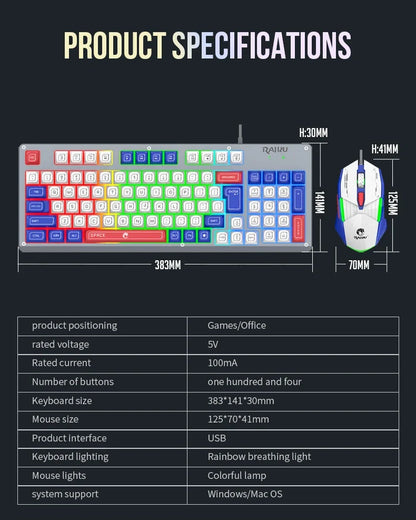 Mecha Style Gaming Wired Keyboard Mouse Set Rainbow Glow Backlit 98 Keys Metal Panel Laptop Desktop