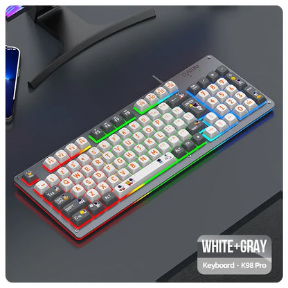 Mecha Style Gaming Wired Keyboard Mouse Set Rainbow Glow Backlit 98 Keys Metal Panel Laptop Desktop