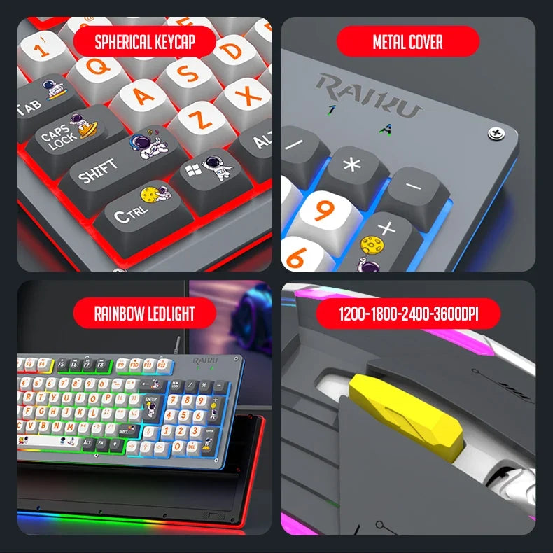 Mecha Style Gaming Wired Keyboard Mouse Set Rainbow Glow Backlit 98 Keys Metal Panel Laptop Desktop