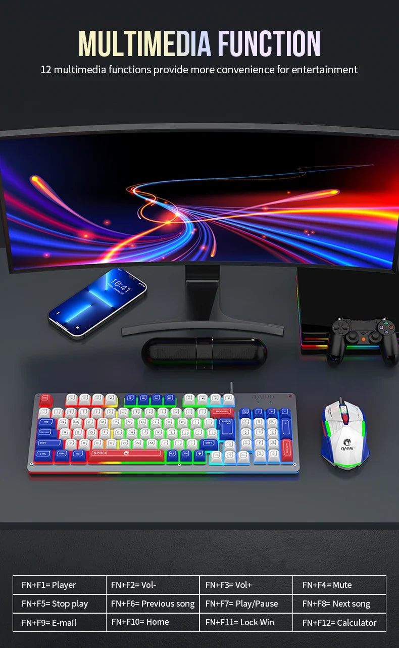 Mecha Style Gaming Wired Keyboard Mouse Set Rainbow Glow Backlit 98 Keys Metal Panel Laptop Desktop