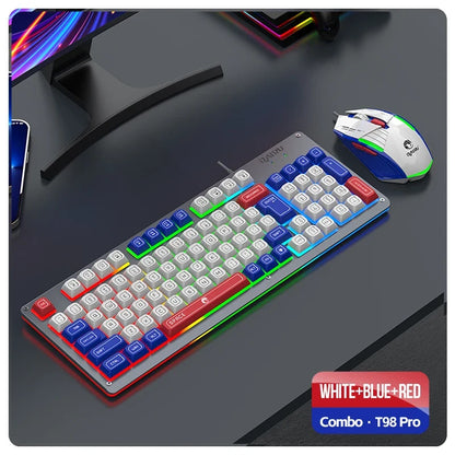 Mecha Style Gaming Wired Keyboard Mouse Set Rainbow Glow Backlit 98 Keys Metal Panel Laptop Desktop