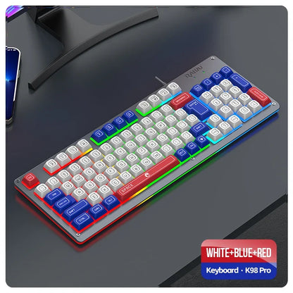 Mecha Style Gaming Wired Keyboard Mouse Set Rainbow Glow Backlit 98 Keys Metal Panel Laptop Desktop