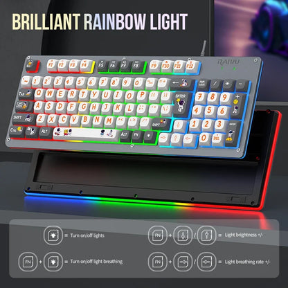 Mecha Style Gaming Wired Keyboard Mouse Set Rainbow Glow Backlit 98 Keys Metal Panel Laptop Desktop