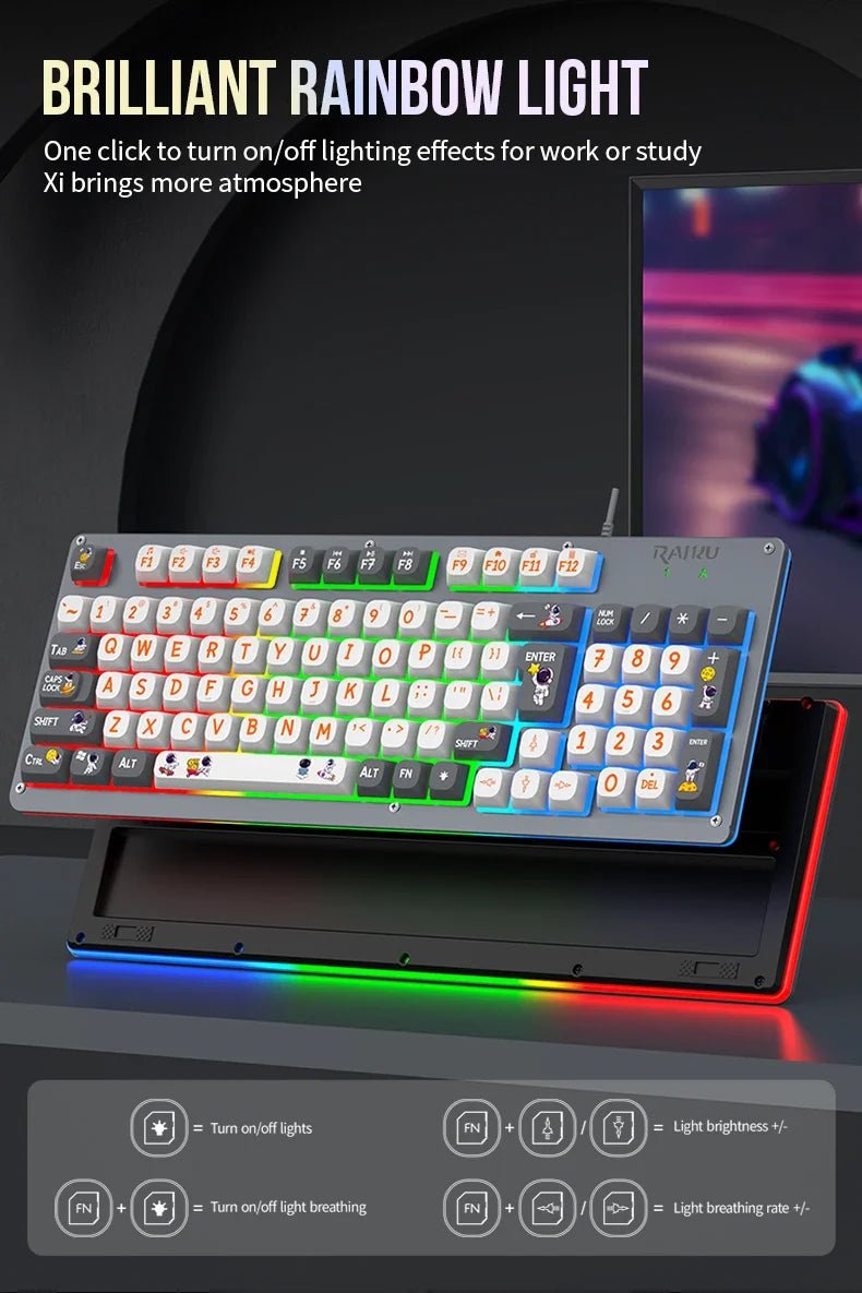 Mecha Style Gaming Wired Keyboard Mouse Set Rainbow Glow Backlit 98 Keys Metal Panel Laptop Desktop