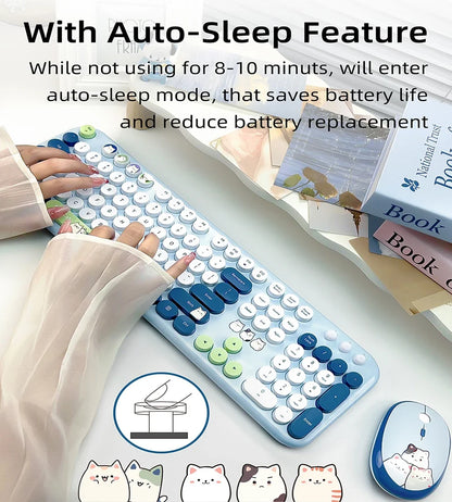 Full Size Wireless Keyboard Mouse Combo 104 Keys Retro Cute Cat Design Plug and Play Keyboard Mouse Set for Windows 7/8/10/XP