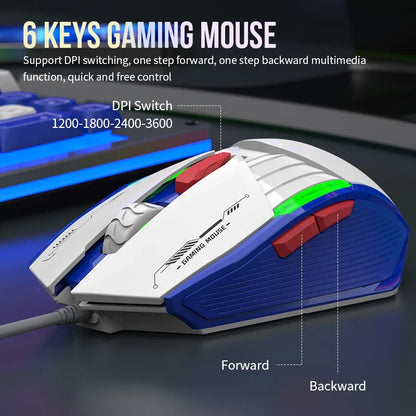 Mecha Style Gaming Wired Keyboard Mouse Set Rainbow Glow Backlit 98 Keys Metal Panel Laptop Desktop