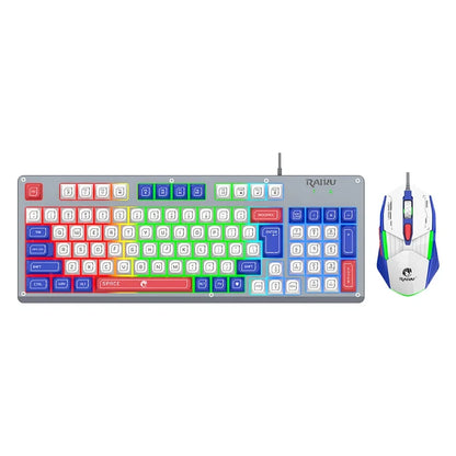 Mecha Style Gaming Wired Keyboard Mouse Set Rainbow Glow Backlit 98 Keys Metal Panel Laptop Desktop