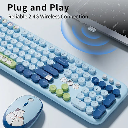 Full Size Wireless Keyboard Mouse Combo 104 Keys Retro Cute Cat Design Plug and Play Keyboard Mouse Set for Windows 7/8/10/XP