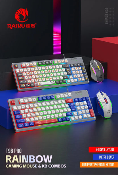 Mecha Style Gaming Wired Keyboard Mouse Set Rainbow Glow Backlit 98 Keys Metal Panel Laptop Desktop