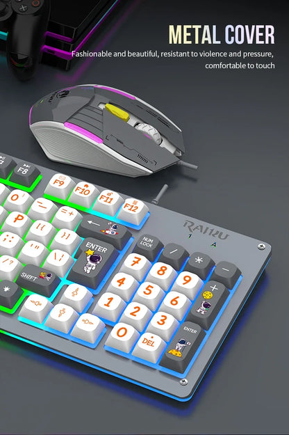 Mecha Style Gaming Wired Keyboard Mouse Set Rainbow Glow Backlit 98 Keys Metal Panel Laptop Desktop