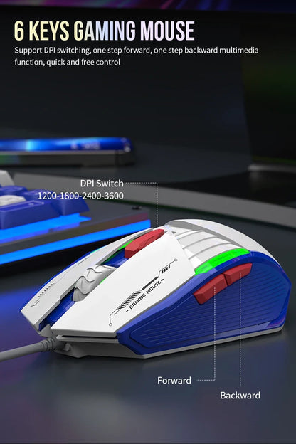 Mecha Style Gaming Wired Keyboard Mouse Set Rainbow Glow Backlit 98 Keys Metal Panel Laptop Desktop