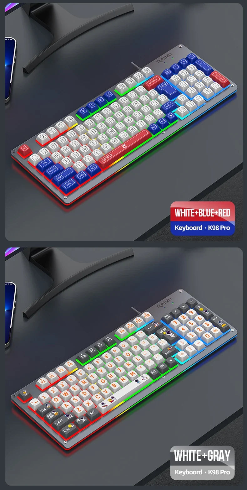Mecha Style Gaming Wired Keyboard Mouse Set Rainbow Glow Backlit 98 Keys Metal Panel Laptop Desktop