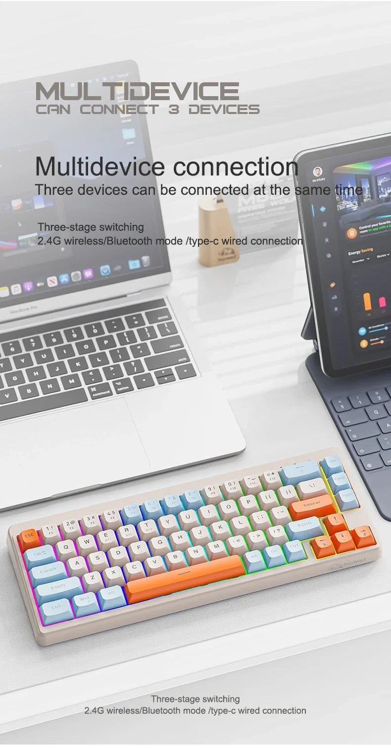 FREEWOLF M68 Wireless Keyboard and Mouse Set Multidevice Connection 68 Keys Mini Keyboard and A3 Mouse Kit PBT keycaps Backlight