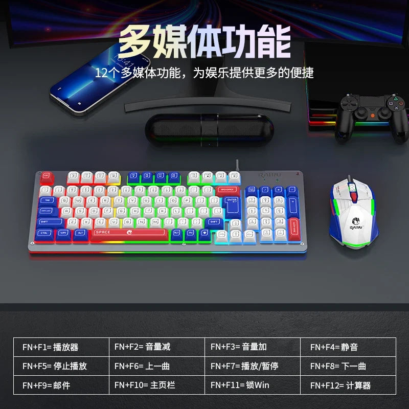 Mecha Style Gaming Wired Keyboard Mouse Set Rainbow Glow Backlit 98 Keys Metal Panel Laptop Desktop