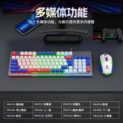 Mecha Style Gaming Wired Keyboard Mouse Set Rainbow Glow Backlit 98 Keys Metal Panel Laptop Desktop