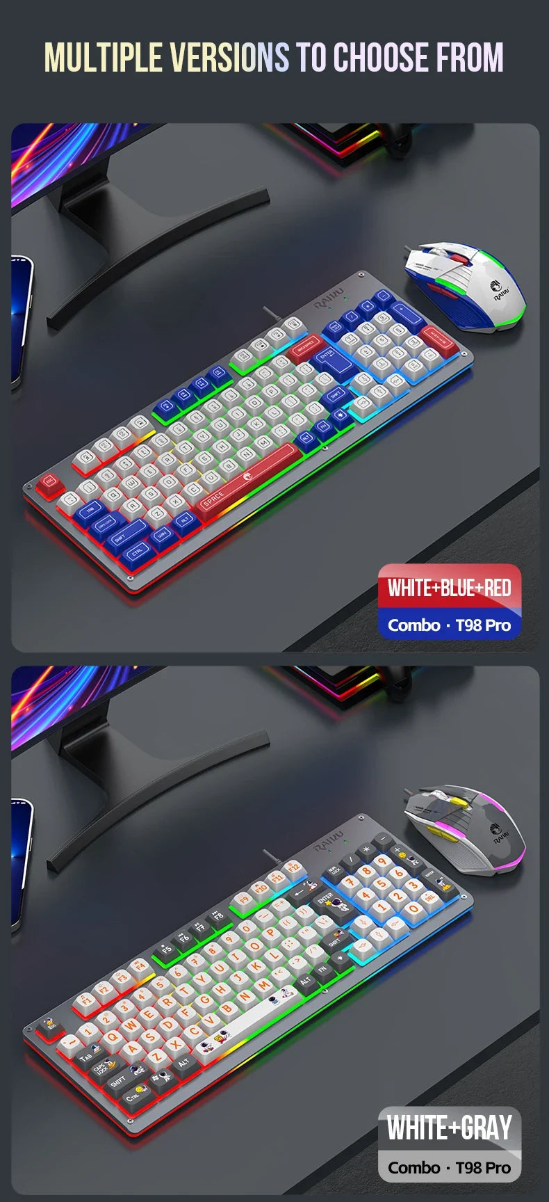 Mecha Style Gaming Wired Keyboard Mouse Set Rainbow Glow Backlit 98 Keys Metal Panel Laptop Desktop