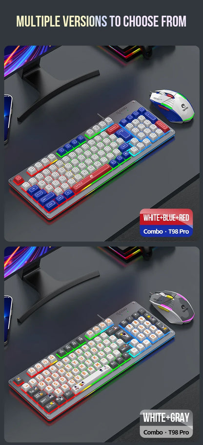 Mecha Style Gaming Wired Keyboard Mouse Set Rainbow Glow Backlit 98 Keys Metal Panel Laptop Desktop